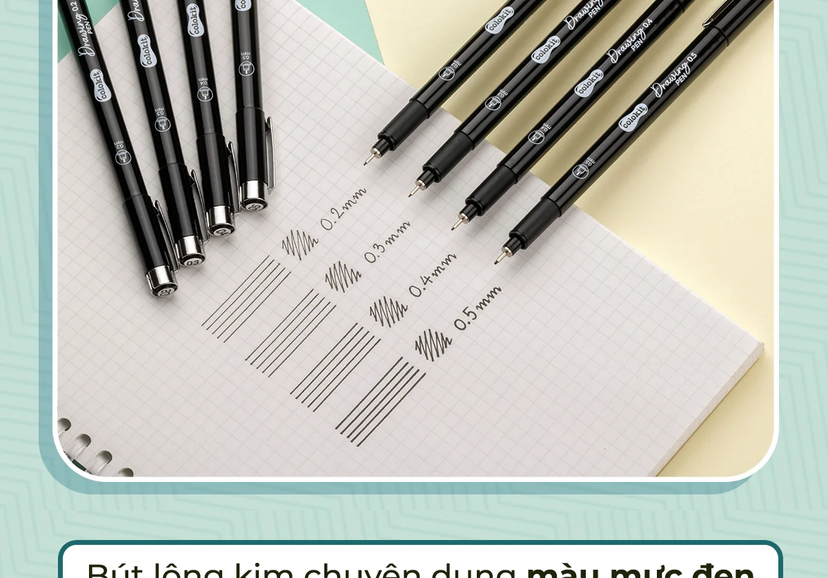 Combo 12 Bút kim kỹ thuật - Drawing Pen Thiên Long Colokit - Mực kháng nước, đậm, rõ nét